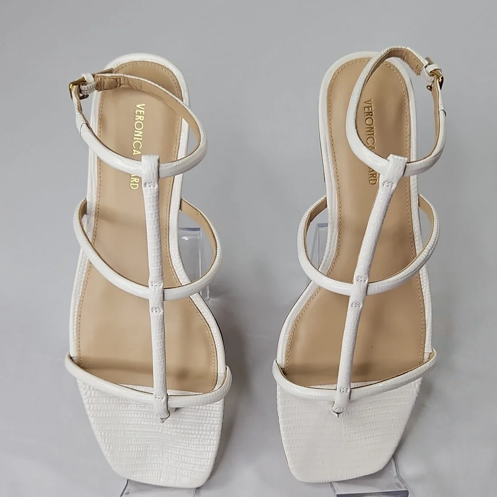 Veronica Beard Marbella lizard-embossed T-strap sandal  parchment white Sz 8 NWT - Picture 4 of 9